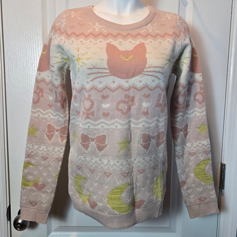 Sailor Moon Box Lunch Exclusive Luna & Guardians sz XS Sweater Pink White